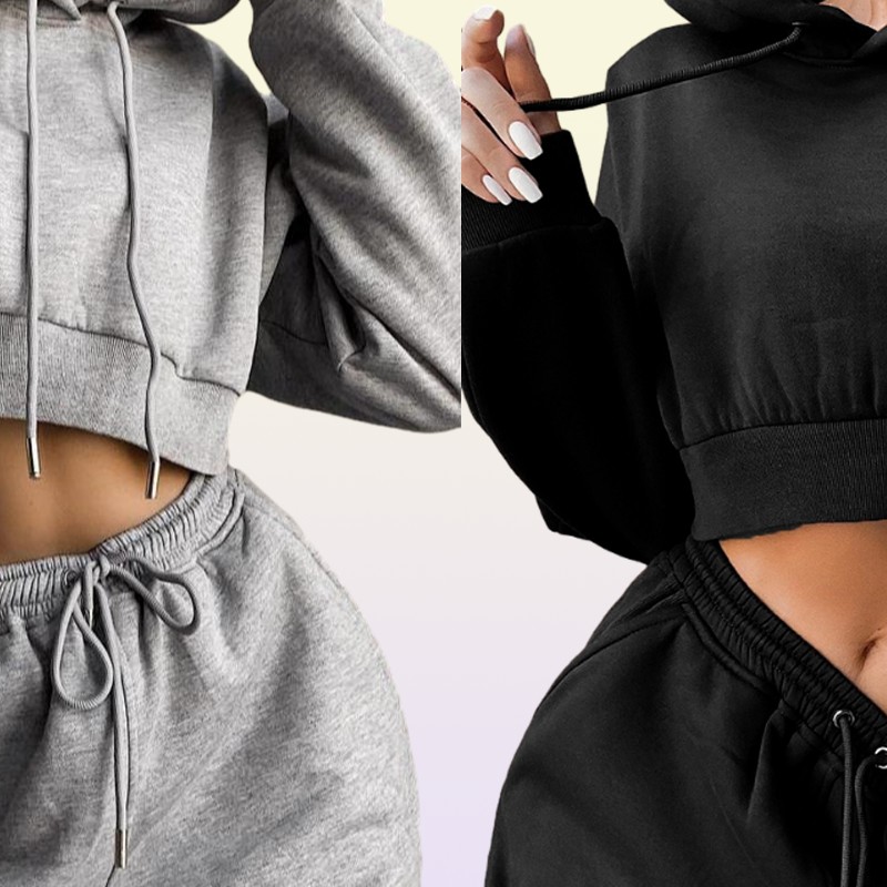 selling Women 2 piece outfits pants sweat suits for ladies crop top hoodie and jogger sets9490927