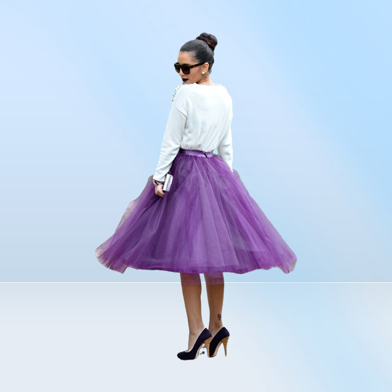 Fashion Regency Purple Tulle Skirts For Women Midi Length High Waist Puffy Formal Party Skirts Tutu Adult Skirts
