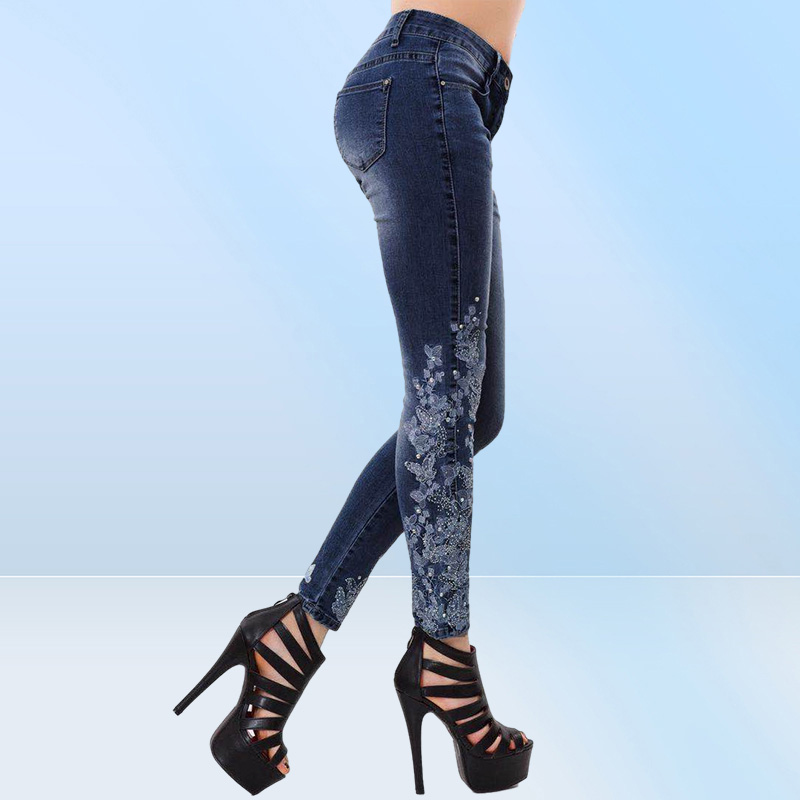 New Fashion Jeans For Women Butterfly Embroidery Pencil Pants Skinny Trousers Female Ladies Low Waist Fashion Summer Denim Pants