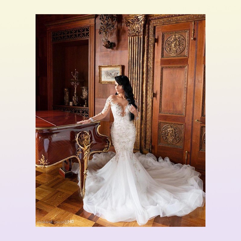 Luxurious Arabic Mermaid Wedding Dresses Dubai Sparkly Crystals Long Sleeves Bridal Gowns Court Train Tulle Skirt robes de ma