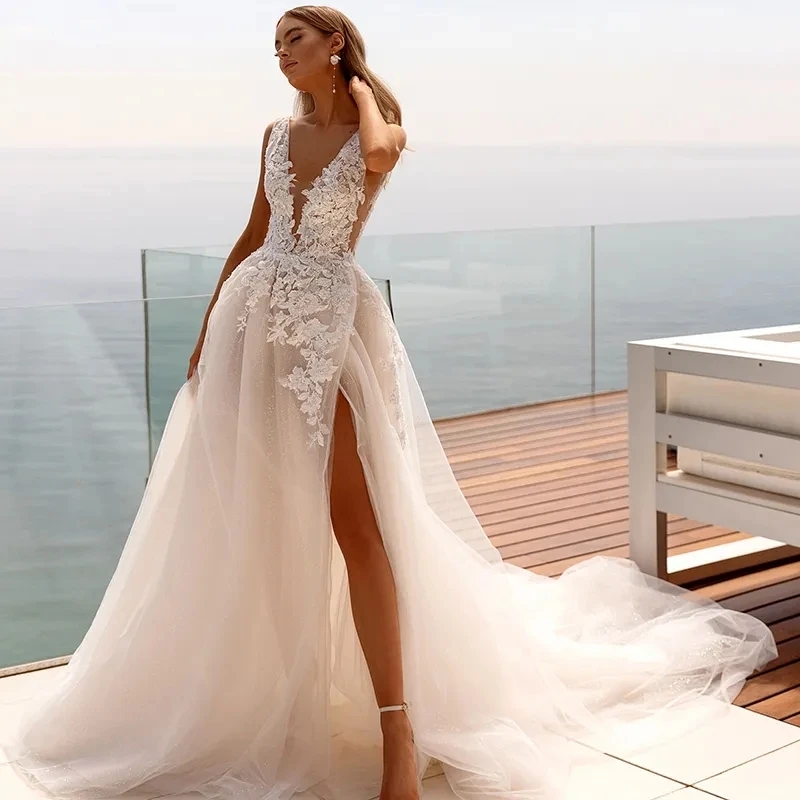 Floral A-Line Wedding Dresses V-Neck Appliques Tulle Bridal Dress High Split Backless Custom Size Wedding Gowns Robes De Mariee