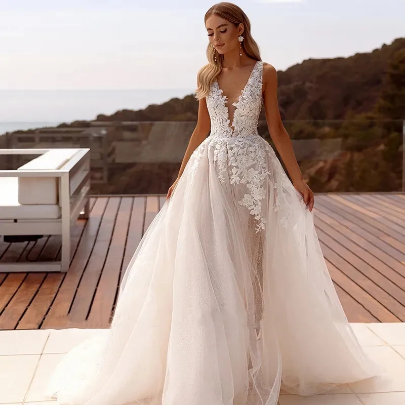 Floral A-Line Wedding Dresses V-Neck Appliques Tulle Bridal Dress High Split Backless Custom Size Wedding Gowns Robes De Mariee