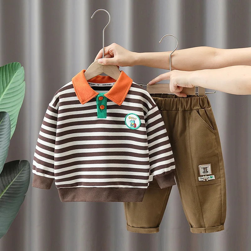 Clothing Sets Autumn Children Boy 2PCS Set Sticker Spliced Striped Polo Shirt Elastic Waist Cargo Pant Baby Outfits Kid Suits 231102