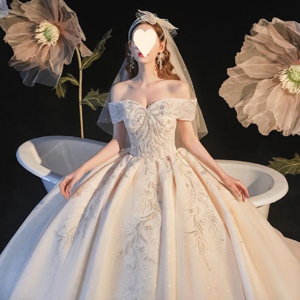 4026 Shiny Off Shoulder Wedding Dresses For Women 2023 Chic Court Train Bridal Gown Princess 2024