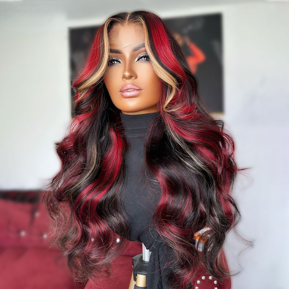 Free shipping Brazilian Highlight Red Blonde Colored Straight Body Wave Ready To Wear Glueless Pre-Plucked 13x4 Lace Frontal Silation Human Wig Easter
