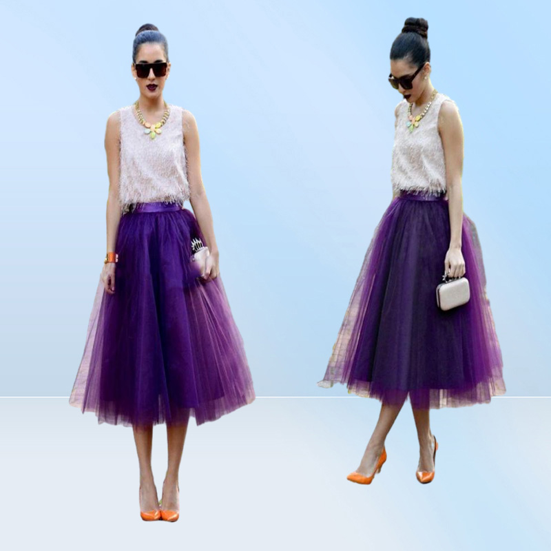 Fashion Regency Purple Tulle Skirts For Women Midi Length High Waist Puffy Formal Party Skirts Tutu Adult Skirts