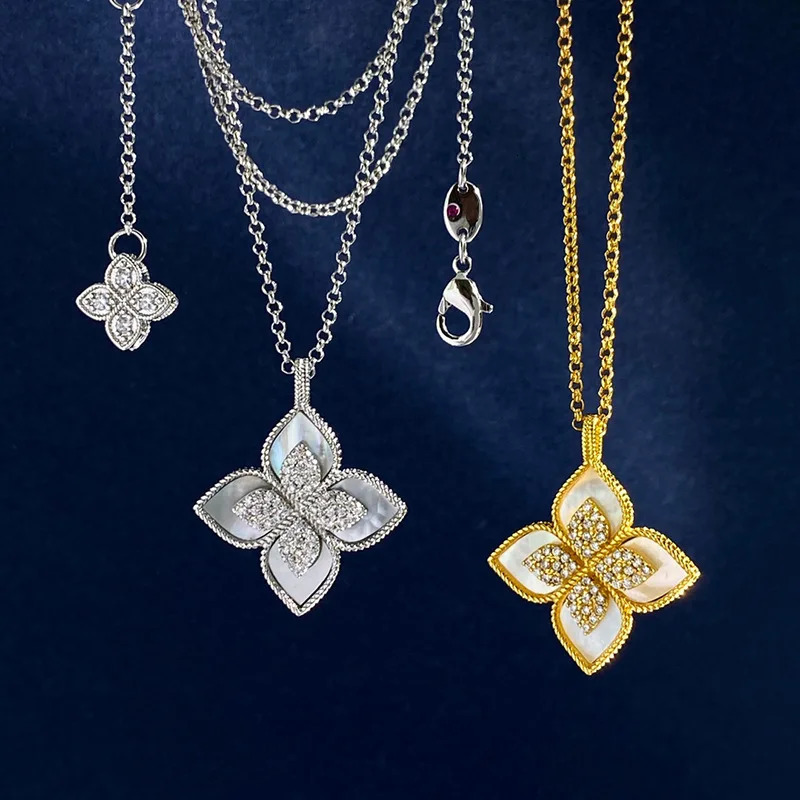 Chokers Fashion Short Choke Necklace 18K Gold Silver Color Lucky Clover Shell Cubic Zirconia Retro Flower Pendant Chain Women Jewelry 231101