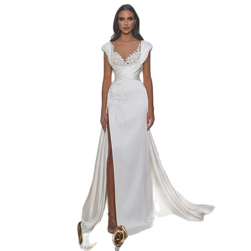 Mermaid Satin Wedding Dresses With Over Skirt Appliques Lace Bride Wedding Party Bridal Gowns Women Slit Formal Dress