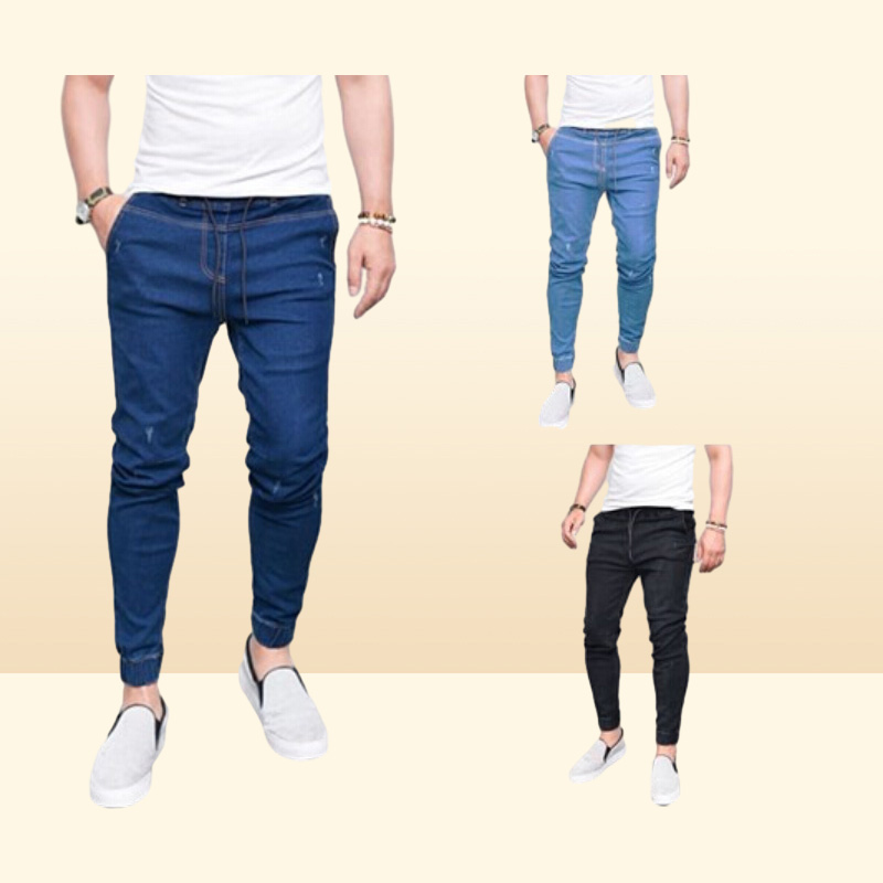 Mens Jeans Drawstring Slim Pencil Pants Mens Streetwear Full Length Pants Biker Jeans Male Fashion Pants