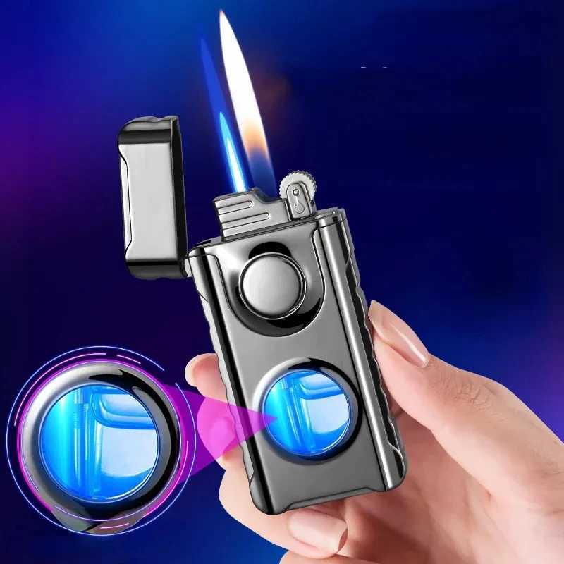 Lighters New Double Flame Straight TorchTurbo Bright Fire Butane Inflatable LED Light Gas Window Cigar Lighter Men's Tools Gift W260202