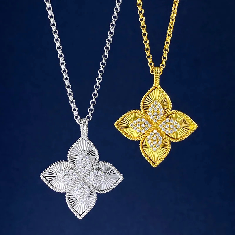 Chokers Fashion Short Choke Necklace 18K Gold Silver Color Lucky Clover Shell Cubic Zirconia Retro Flower Pendant Chain Women Jewelry 231101