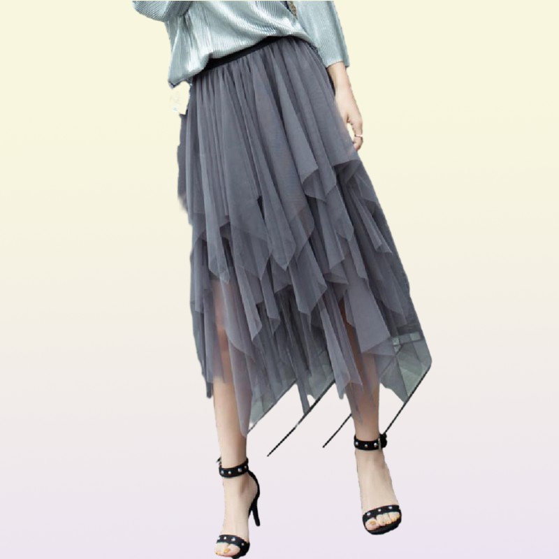 Skirts Women Irregular Mesh Skirt Summer Vintage Elastic Waist Pleated Mid Long Asymmetrical Korean Clothes9772218