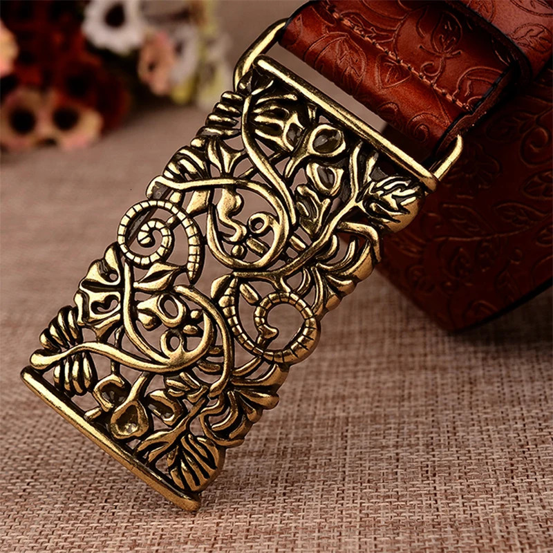 Belts LFMBBelt For Women Waistband Cowskin Leather Lady Belt Vintage Pin Buckle Hollow Flower Fashion Woman Jeans Girdle Female 231101