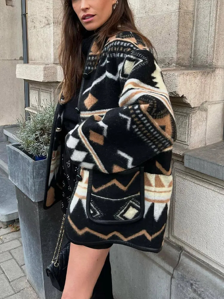 Women s Jackets Geometric Print Patchwork Woolen Cardigan Jacket Women Long Sleeve Singel Breasted Loose Female Top Autumn Street Pocket Coats 231101