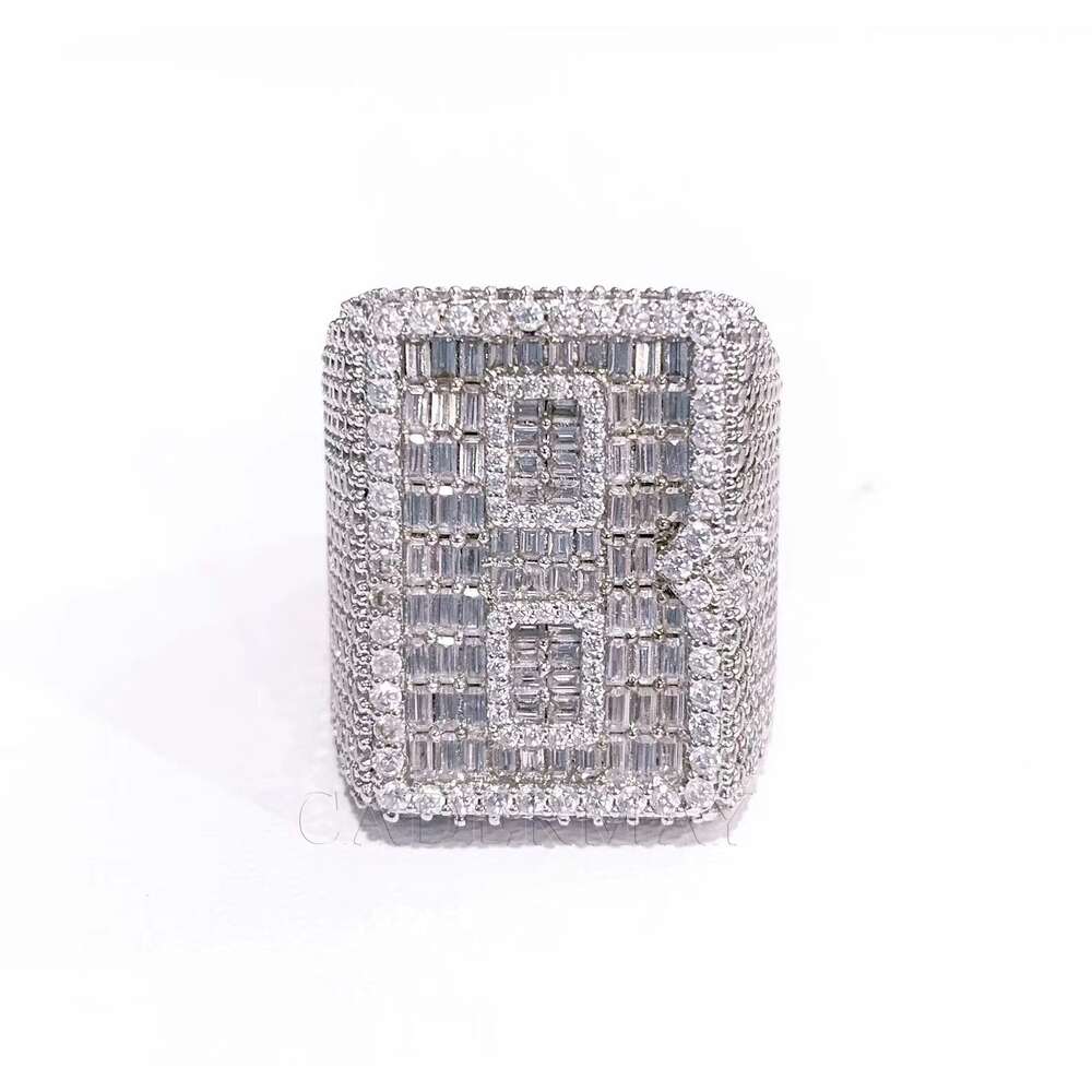 Custom Initial ABC Sier VVS Baguette Moissanite Iced Out Hip-Hop Letter Name Championship Rings Men