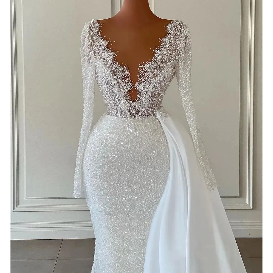 Luxurious Arabic Sequined Lace Mermaid Wedding Dress Sexy V Neck Long Sleeves Beaded Pearls Aso Ebi Bridal