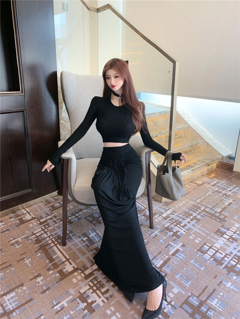 Womens o-neck long sleeve crop top and maxi long skirt 2 piece dress suit twinset SML