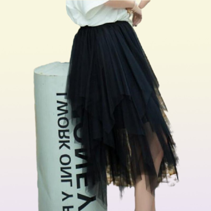 Skirts Women Irregular Mesh Skirt Summer Vintage Elastic Waist Pleated Mid Long Asymmetrical Korean Clothes9772218