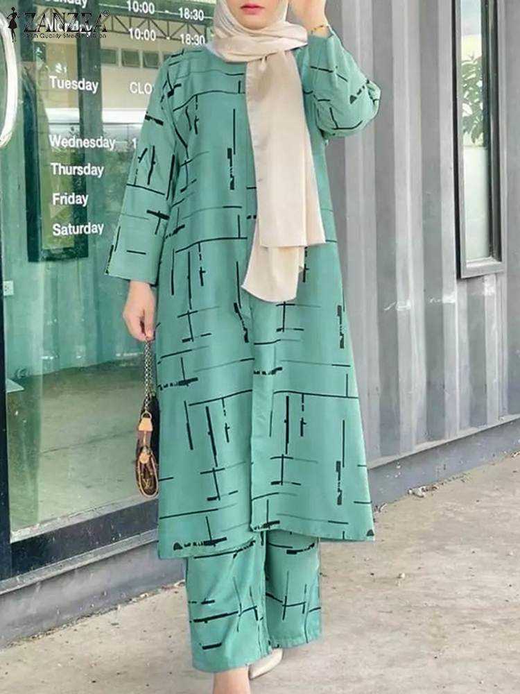 Kaftan Printed Suits Women Matching Sets RUKAS 2023 Casual Muslim Sets Long Sleeve Blouses Pants Turkey Abayas Top Blusas 2PCS