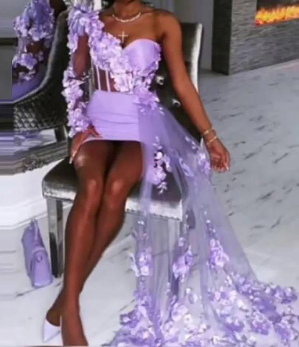 Cocktail Lavender Prom Party Gown Plus Size Dress Straight One-Shoulder Long Sleeve Above Knee Mini Tulle Satin Applique 3D Floral Appliques Zipper La
