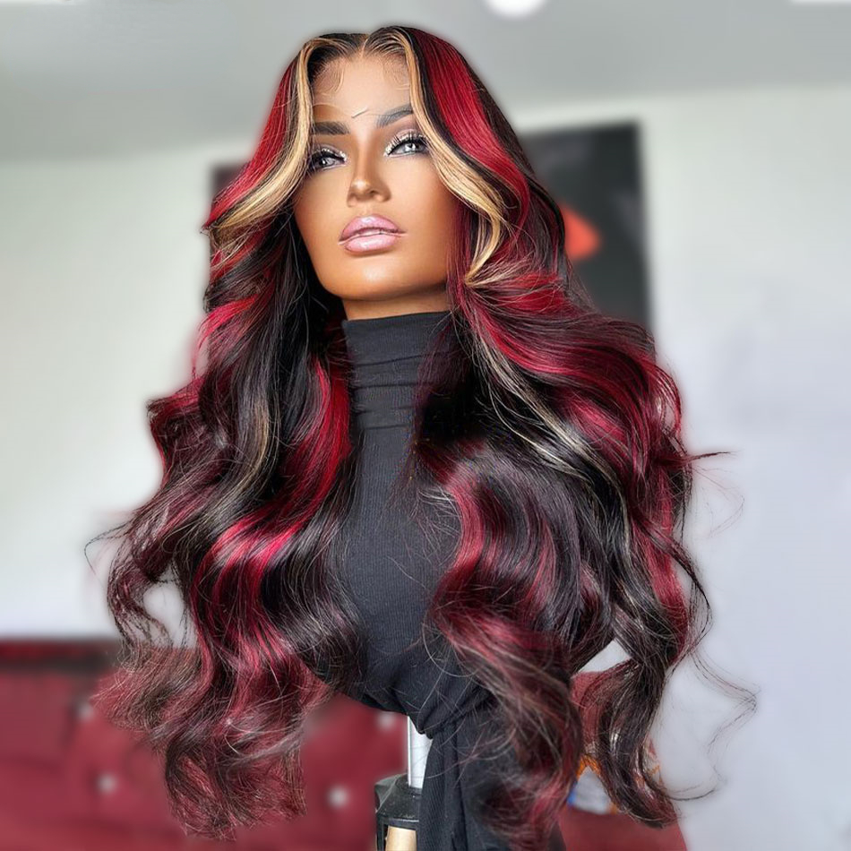Free shipping Brazilian Highlight Red Blonde Colored Straight Body Wave Ready To Wear Glueless Pre-Plucked 13x4 Lace Frontal Silation Human Wig Easter