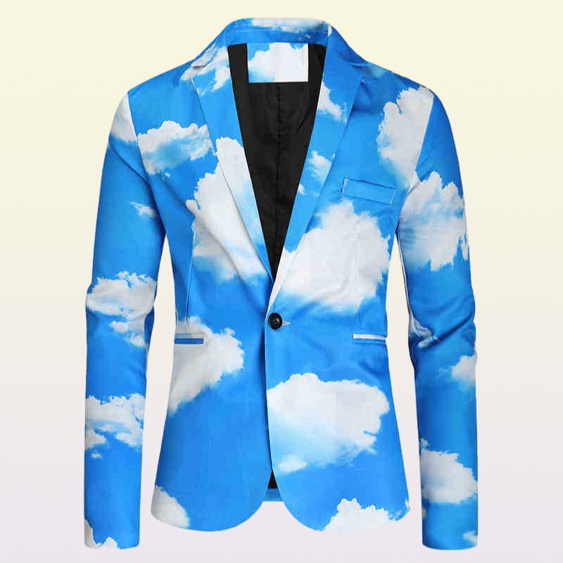 Suits Blazers Men Autumn And Winter New Fashion Blue Sky White Cloud Printed Suit Youth Random Single Button Suit J220906