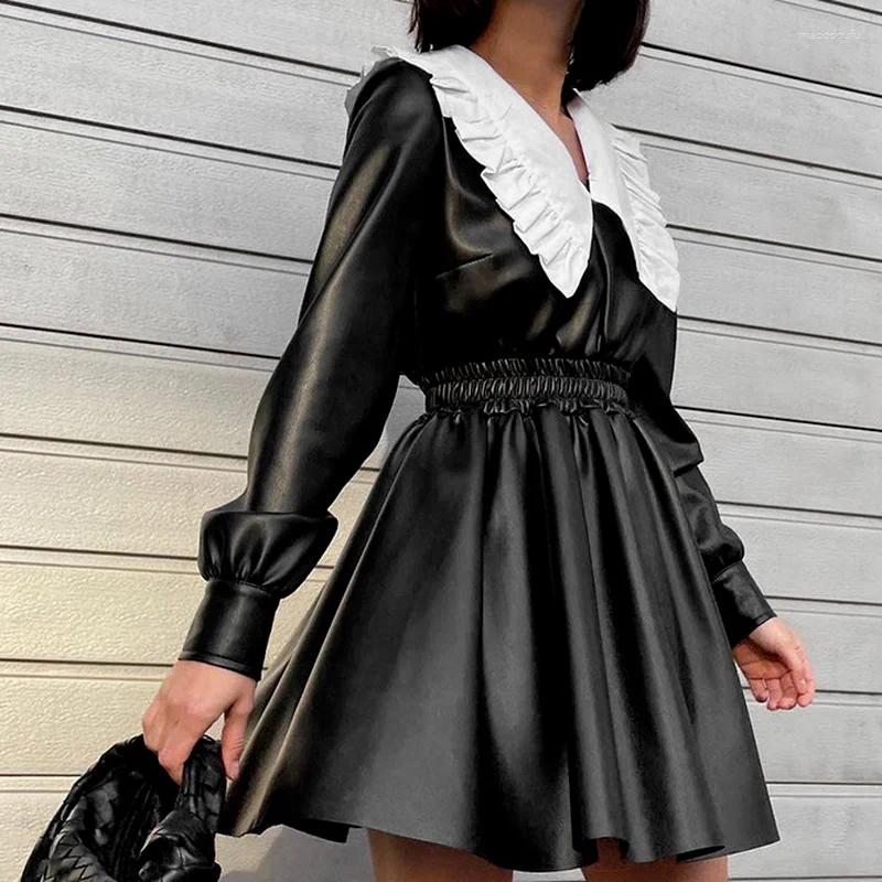 Casual Dresses WAutumn And Winter Korean Pu Leather Skirt Dress Sweet Doll Collar Waist High Long Sleeve Black Punk Street Girl