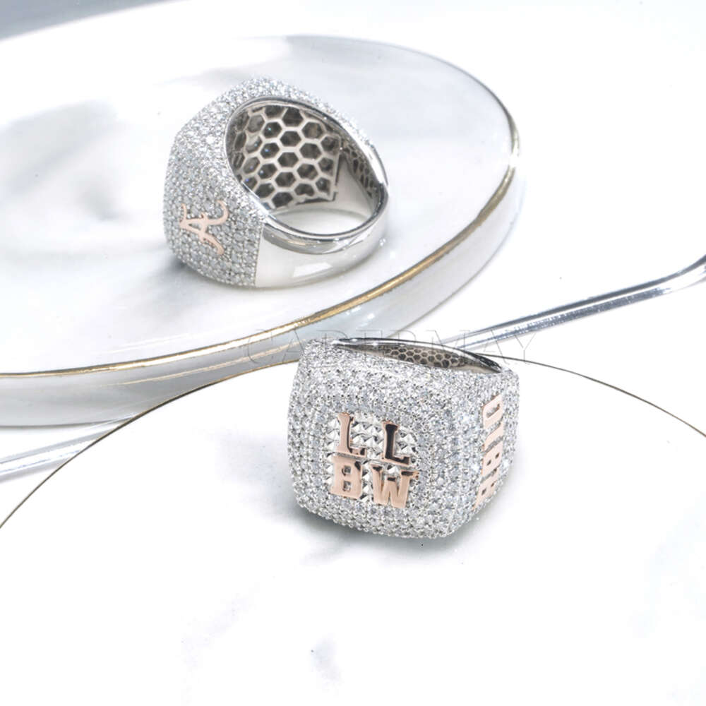 Custom Initial ABC Sier VVS Baguette Moissanite Iced Out Hip-Hop Letter Name Championship Rings Men
