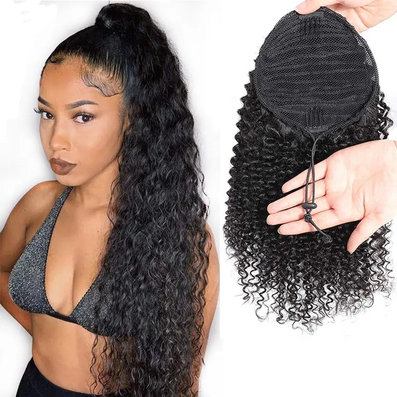 4B 4C Kinky Curly Brazilian Human Hair Ponytail hair extension hair piece natural long Human Hair Drawstring Pony tail with Clips in for Women 140g