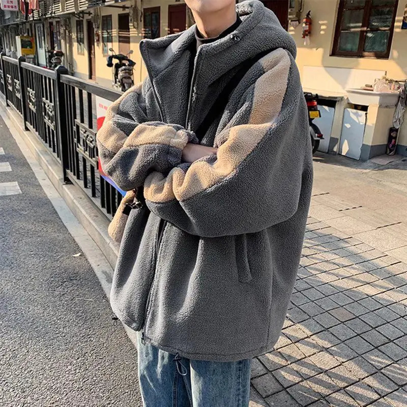 Men's Down Parkas 2023 Men Winter Sherpa Jacket Contrast Color Patchwork Fuzzy Coat Hooded Thick Warm Loose Fleece Streetwear Harajuku 231102