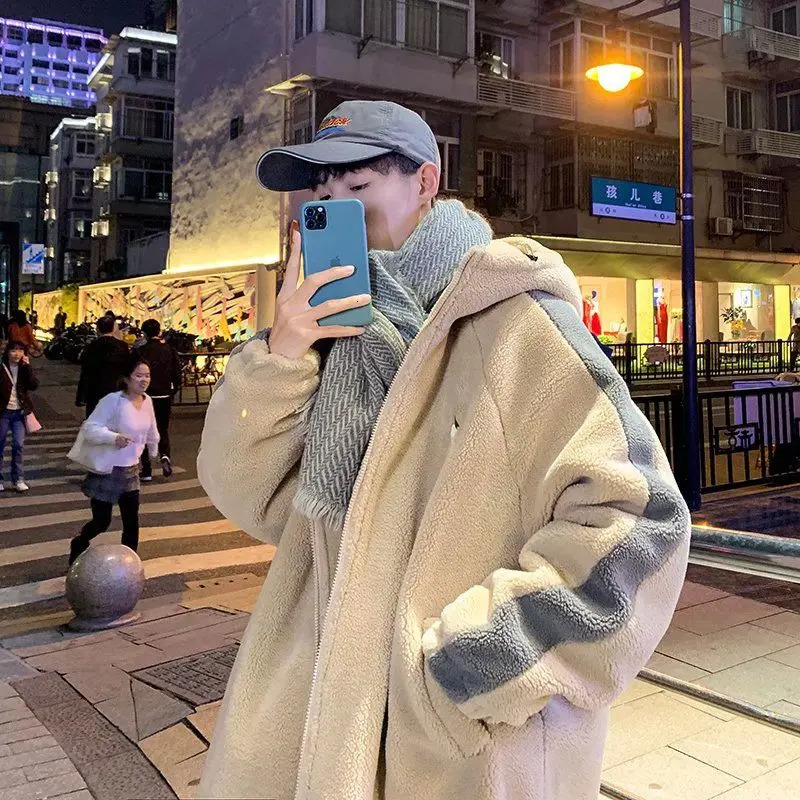 Men's Down Parkas 2023 Men Winter Sherpa Jacket Contrast Color Patchwork Fuzzy Coat Hooded Thick Warm Loose Fleece Streetwear Harajuku 231102