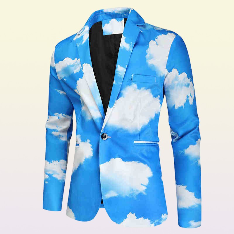Suits Blazers Men Autumn And Winter New Fashion Blue Sky White Cloud Printed Suit Youth Random Single Button Suit J220906