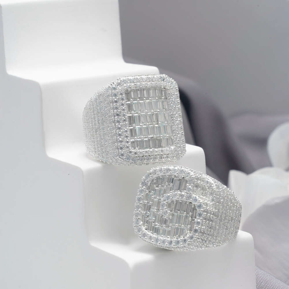 Custom Initial ABC Sier VVS Baguette Moissanite Iced Out Hip-Hop Letter Name Championship Rings Men