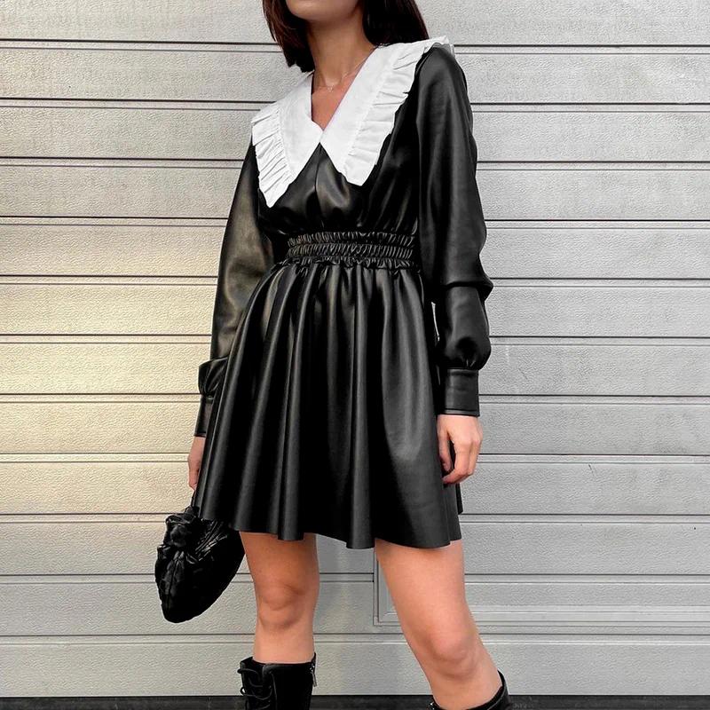 Casual Dresses WAutumn And Winter Korean Pu Leather Skirt Dress Sweet Doll Collar Waist High Long Sleeve Black Punk Street Girl