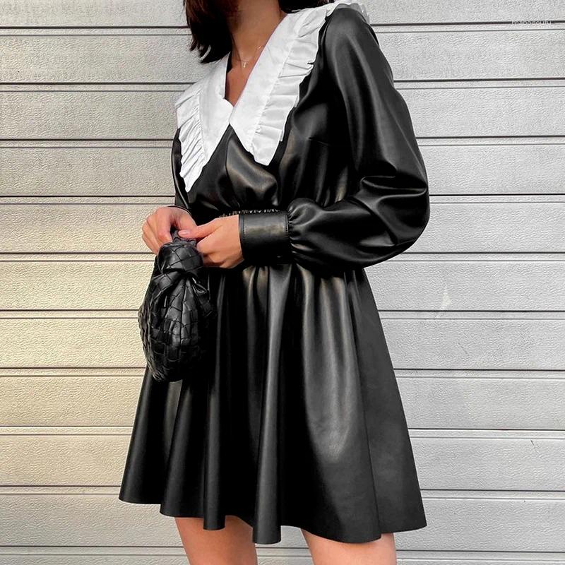Casual Dresses WAutumn And Winter Korean Pu Leather Skirt Dress Sweet Doll Collar Waist High Long Sleeve Black Punk Street Girl