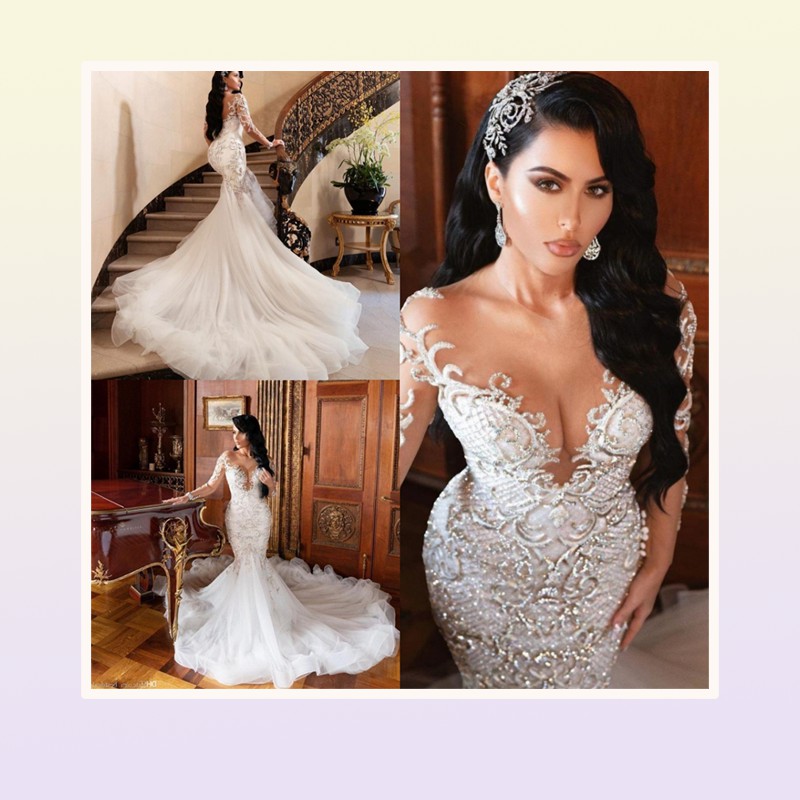 Luxurious Arabic Mermaid Wedding Dresses Dubai Sparkly Crystals Long Sleeves Bridal Gowns Court Train Tulle Skirt robes de ma
