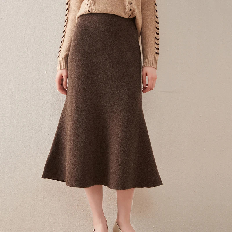 Skirts Cashmere Knee Length Skirt Women AutumnWinter 100% Pure Wool Skirt Casual Fashion Fishtail Skirt Fit Warm High Waist Dress 231101