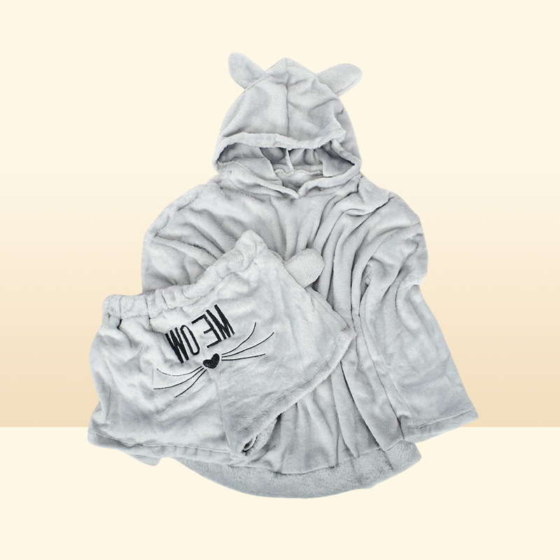 Women Winter Short Pajamas Hooded Designer Pyjama Set Hoodie Cat Print Shorts Pants Outfits Causal Pajamas Clothes Sets Home Cloth6729735
