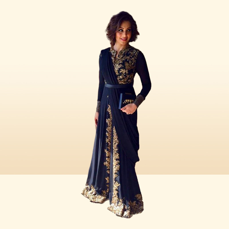 Gold Emboridery Applique Beaded Abaya Dubai Chiffon Kaftan Arabic Prom Gown Black Long Sleeve Front Slit Evening Gown