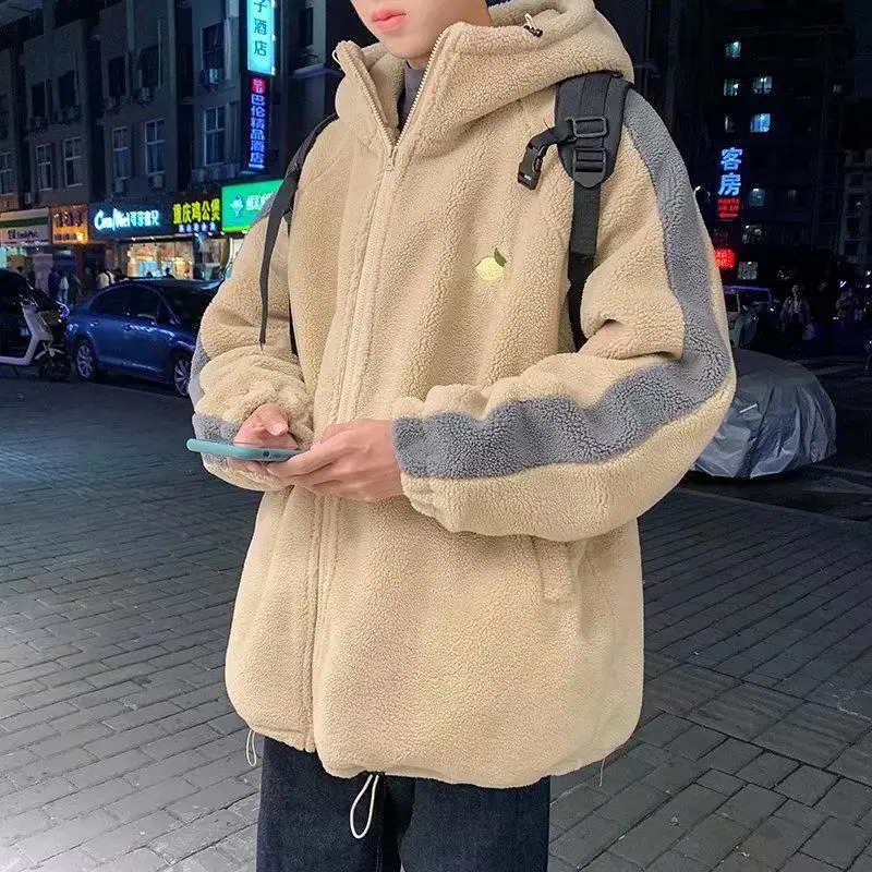 Men's Down Parkas 2023 Men Winter Sherpa Jacket Contrast Color Patchwork Fuzzy Coat Hooded Thick Warm Loose Fleece Streetwear Harajuku 231102