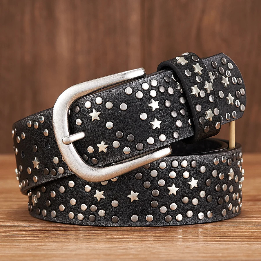 Belts Fashion Women's Rivet Punk Rock Style Male Belt For Lady PU Leather Sequins Metal buckle Wide Star bead 231101