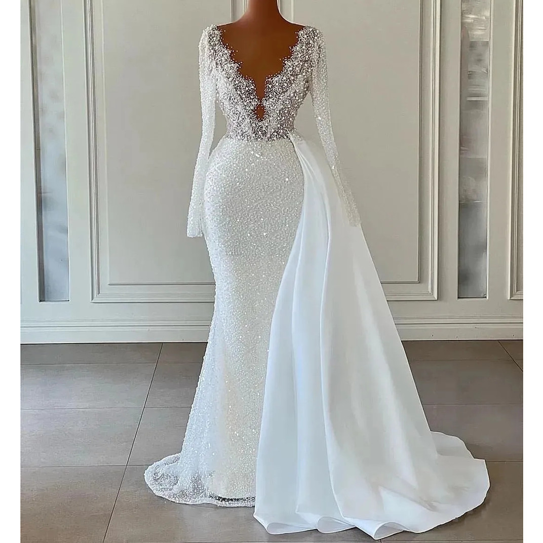 Luxurious Arabic Sequined Lace Mermaid Wedding Dress Sexy V Neck Long Sleeves Beaded Pearls Aso Ebi Bridal