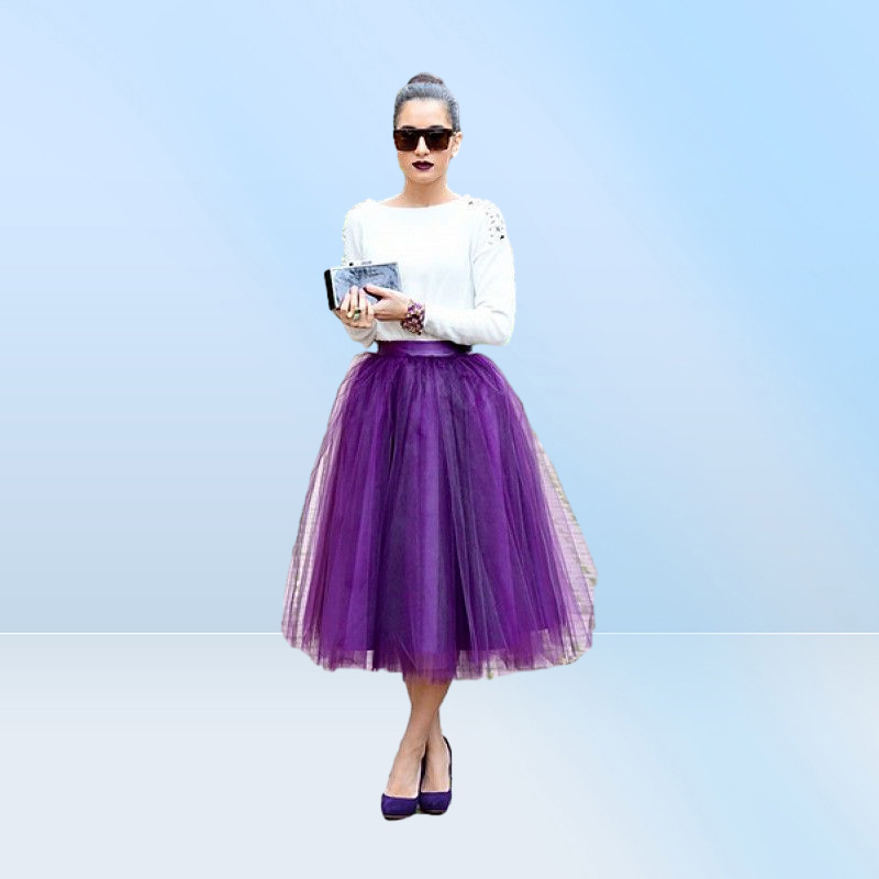 Fashion Regency Purple Tulle Skirts For Women Midi Length High Waist Puffy Formal Party Skirts Tutu Adult Skirts