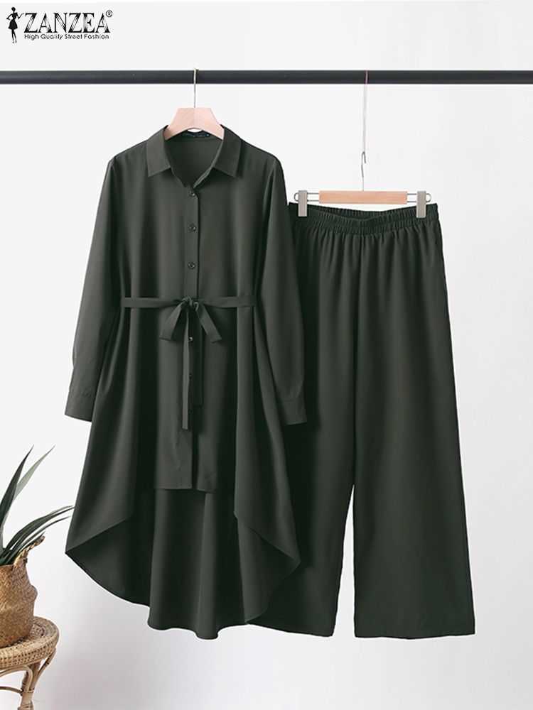 Muslim Wide Leg Trousers Islamic Suits RUKAS Two Piece Sets Womens Outifits Fashion Lapel Neck Long Sleeve Shirt Pant Sets
