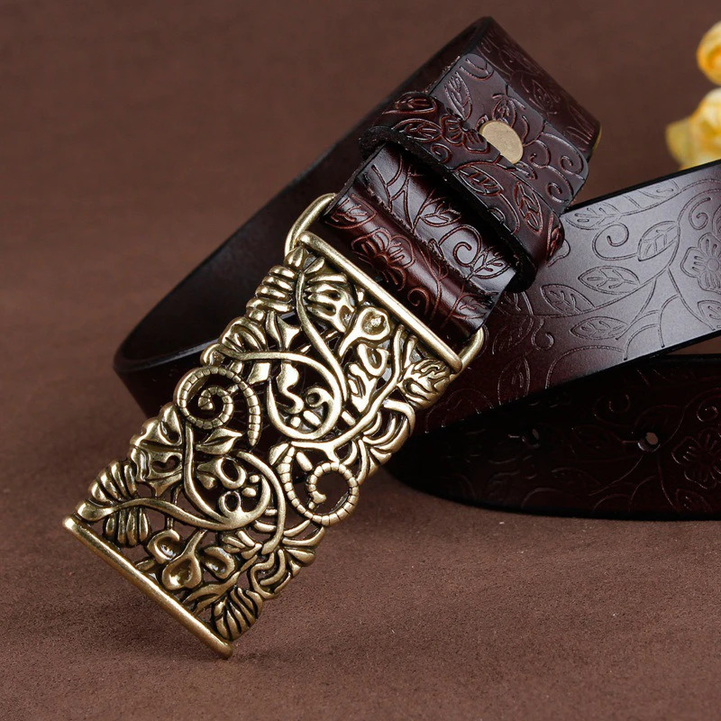 Belts LFMBBelt For Women Waistband Cowskin Leather Lady Belt Vintage Pin Buckle Hollow Flower Fashion Woman Jeans Girdle Female 231101