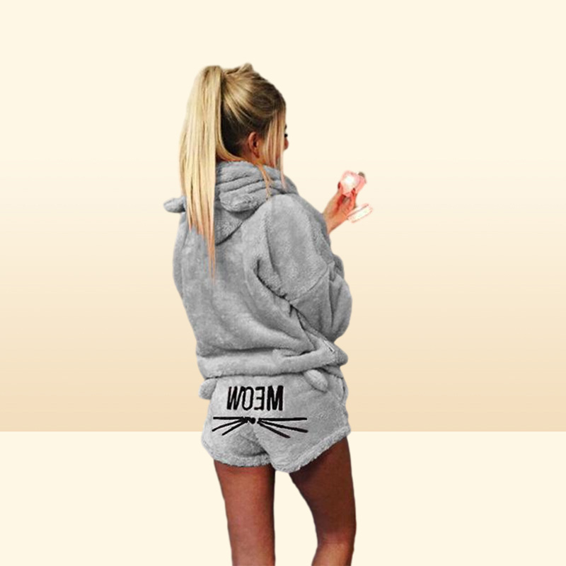 Women Winter Short Pajamas Hooded Designer Pyjama Set Hoodie Cat Print Shorts Pants Outfits Causal Pajamas Clothes Sets Home Cloth6729735