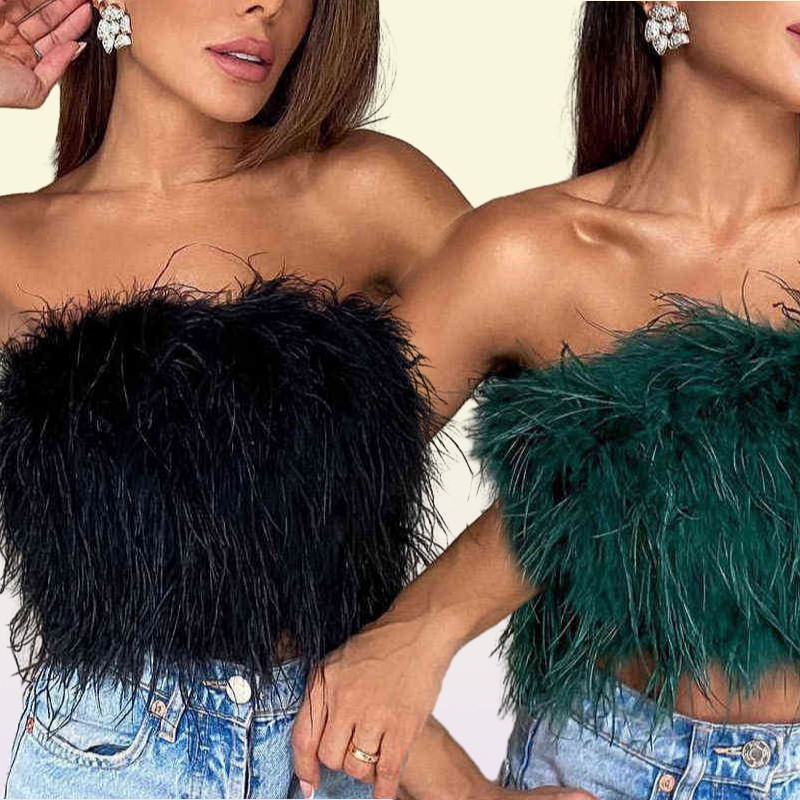 Women Tube Tops Sexy Shoulder y Feather Tank Top Female Summer Green Cropped Tops Lady New Party Club Vest Y220304