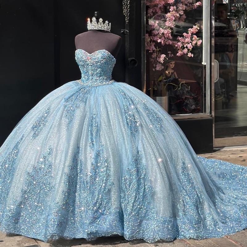 Luxury Sky Blue Shiny Quinceanera Dresses 2025 Lace Applique Beads Sweethear Princess Sweet 15 16 Year Birthday Party Gown Gift