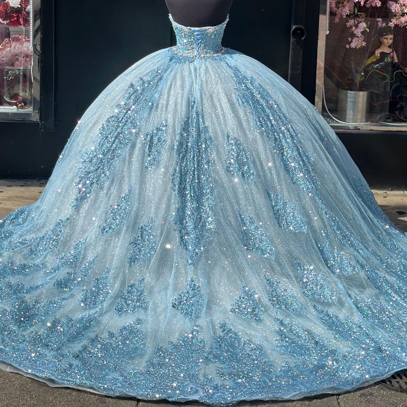 Luxury Sky Blue Shiny Quinceanera Dresses 2025 Lace Applique Beads Sweethear Princess Sweet 15 16 Year Birthday Party Gown Gift
