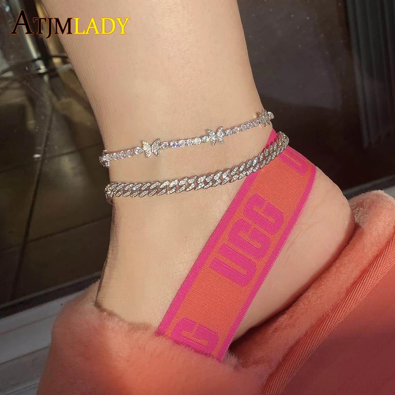 Anklets Summer Beach Fashion Women Jewelry Iced Out Bling Thin 6.5mm 5A Cz Cuban Link Chain Foot Chain Anklet 9" 10" 231102